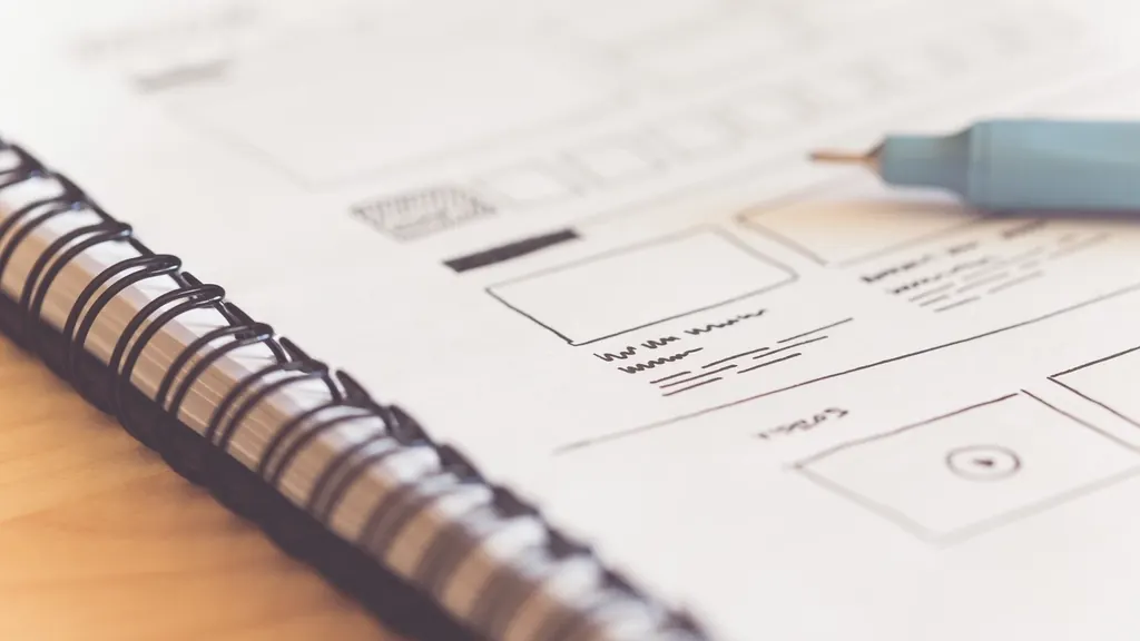 Website wireframe sketch in a spiral notebook