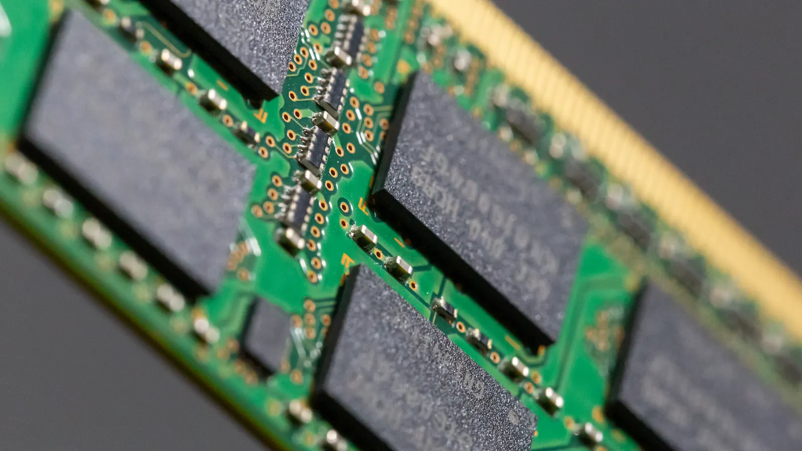 Close-up of a green RAM memory module