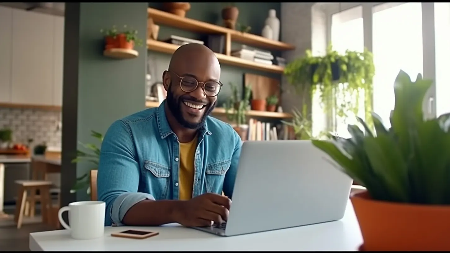 Smiling man working on a laptop at home