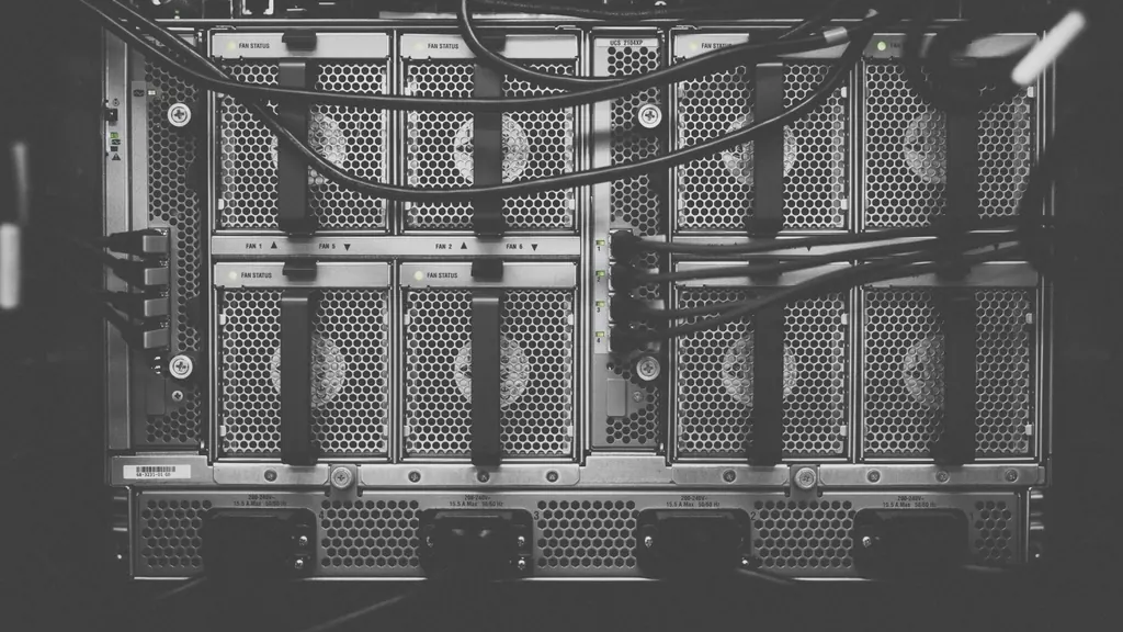 Back of a server with fans and cables